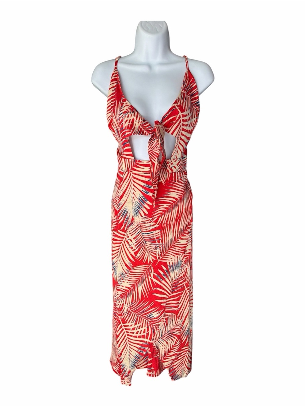 CUPSHE Red Palm Leaf Print Knot V Neck Dress size large - Picture 4 of 7